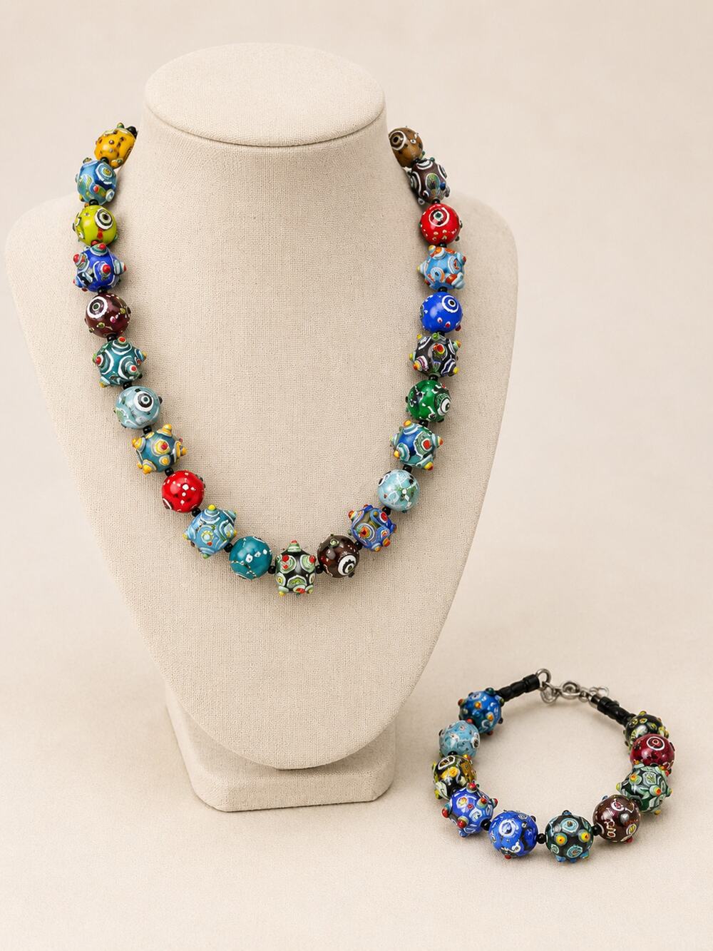 Venetian Murano Millefiori Glass Bead Necklace and Bracelet Set Colorful Jewelry